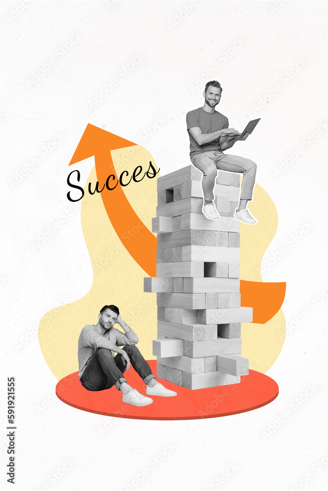 Poster vertical collage picture of black white colors guys sad happy sit pile stack jenga bricks use netboo