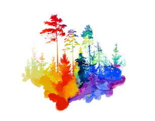 Watercolor abstract woddland, fir trees silhouette Abstract colored watercolor trees. Mixed media. Vector illustration