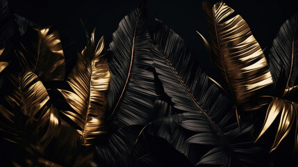 black and gold tropical leaves on dark background Luxury exotic botanical. Generative Ai