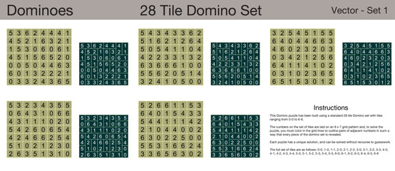 5 28 Tile Dominoes Puzzles. A set of scalable puzzles for kids and adults, which are ready for web use or to be compiled into a standard or large print activity book.