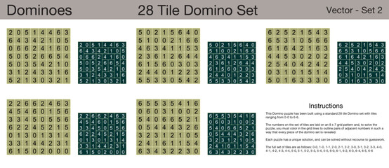 5 28 Tile Dominoes Puzzles. A set of scalable puzzles for kids and adults, which are ready for web use or to be compiled into a standard or large print activity book.