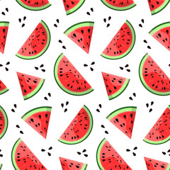 Watermelon vector seamless pattern. Cut slices and seeds on white background. Best for textile, wallpapers, home decoration, wrapping paper, package and web design.