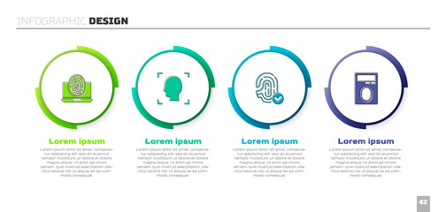 Set Laptop with fingerprint, Face recognition, Fingerprint and lock. Business infographic template. Vector