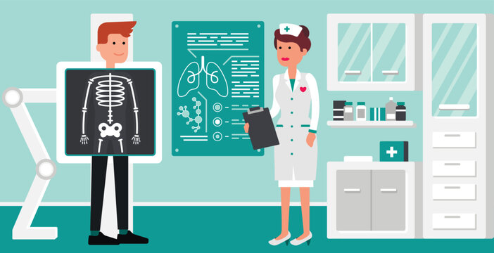 Female doctor do medical examination and consulting patient in x-ray room. Woman doctor in white uniform examining body by x-ray machine scanning. Vector flat style cartoon illustration