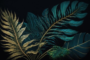 floral background with green blue palm, monstera leaves on dark background, Generative AI