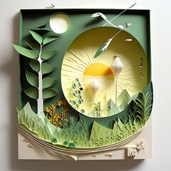 Eco-friendly landscape with Green nature, fresh air, capturing the essence of green energy in harmony with eco world environment day, paper art and craft style, created by using generative AI