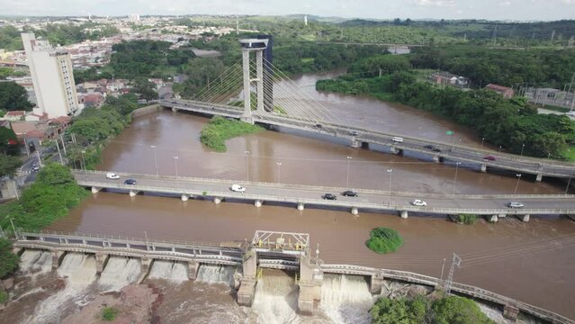 Salto, S&atilde;o Paulo/Brazil - Circa February 2023: Aerial view of Salto, Tiete river and Salto bridge