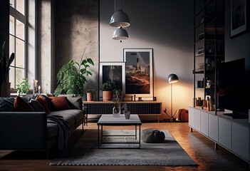Modernes Wohnzimmer mit Sichtbetonwand. Generative AI