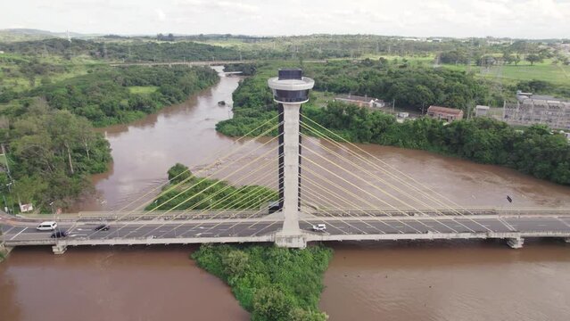 Salto, S&atilde;o Paulo/Brazil - Circa February 2023: Aerial view of Salto, Tiete river and Salto bridge