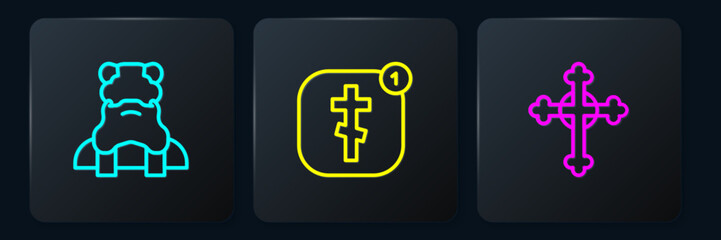 Obraz premium Set line Priest, Christian cross and Online church pastor preaching. Black square button. Vector
