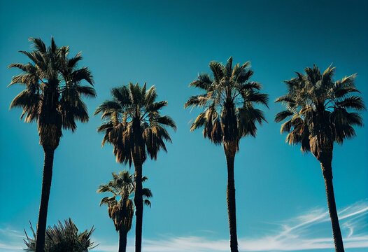 Four palm trees against blue sunny sky background. Generative AI
