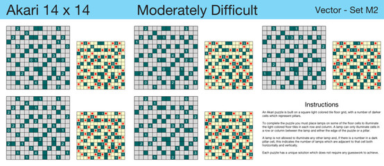 5 Moderately Difficult Akari 14 x 14 Puzzles. A set of scalable puzzles for kids and adults, which are ready for web use or to be compiled into a standard or large print activity book.