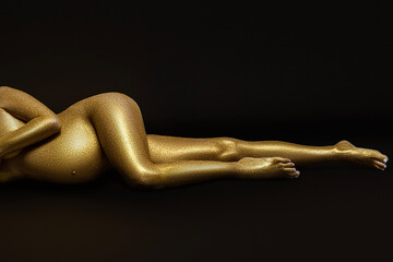 Naklejka premium Photo of a pregnant young girl with yellow glitter on a black background with retouching