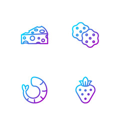 Set line Strawberry, Shrimp, Cheese and Cracker biscuit. Gradient color icons. Vector