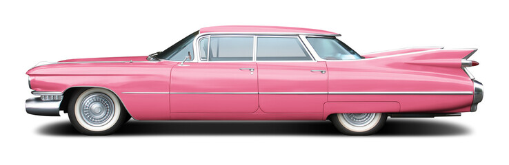 Large American retro sedan in pink color isolated on white background.