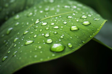 Close-up of raindrops on the surface of a bright green, newly sprouted leaf, the water droplets magnifying the intricate veins and textures of the leaf.
