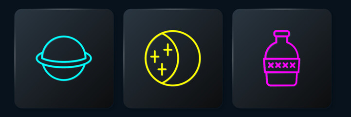 Set line Planet Saturn, Bottle of water and Eclipse the sun. Black square button. Vector