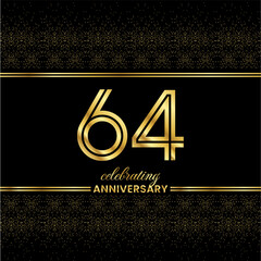 64 Golden Double Line Number.&nbsp;64 Anniversary invitation cover with glitter separated by golden double lines on a black background