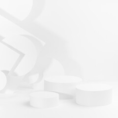 White abstract trendy scene mockup in geometric urban style for presentation cosmetic products, goods, design - three cylinder podiums, stripes, angles, flying circles in hard light, shadows, square.