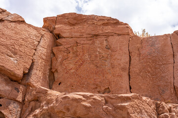 Yerbas Buenas Petroglyphs in San Pedro de Atacama, Chile - February 18, 2023. The Yerbas Buenas...