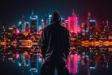 Fototapeta premium Illustration of a man silhouetted against a vibrant cityscape at night, featuring skyscrapers and neon lights. Ai generated