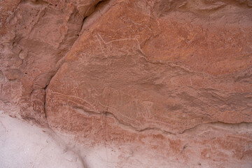 Yerbas Buenas Petroglyphs in San Pedro de Atacama, Chile - February 18, 2023. The Yerbas Buenas Inca petroglyph site in the northern Chilean Atacama Desert. 