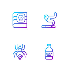Fototapeta premium Set line Poisoned alcohol, Poisonous spider, Book about poisons and Cigarette. Gradient color icons. Vector