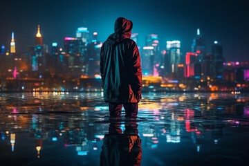 Naklejka premium Illustration of a man silhouetted against a vibrant cityscape at night, featuring skyscrapers and neon lights. Ai generated