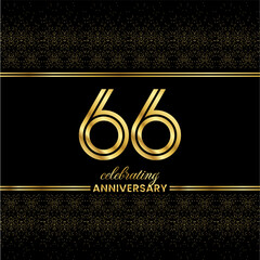 66 Golden Double Line Number.&nbsp;Anniversary invitation cover with glitter separated by golden double lines on a black background