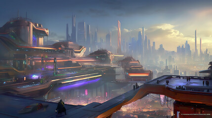 Naklejka na ściany i meble An illustration of a futuristic cyberpunk city and a sci-fi vision of life in a futuristic cyberpunk city. AI generated illustration.
