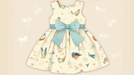 A cute little dress with a big bow and cute bird pattern Generative AI