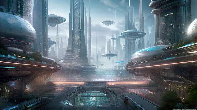 An illustration of a futuristic cyberpunk city and a sci-fi vision of life in a futuristic cyberpunk city. AI generated illustration.