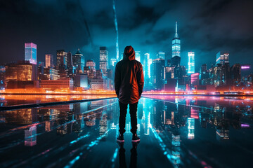 Fototapeta na wymiar Illustration of a man silhouetted against a vibrant cityscape at night, featuring skyscrapers and neon lights. Ai generated