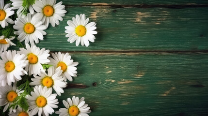 Wooden background with daisies border. Generative AI