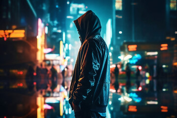 Naklejka premium Illustration of a man silhouetted against a vibrant cityscape at night, featuring skyscrapers and neon lights. Ai generated