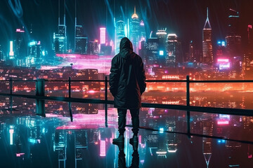 Illustration of a man silhouetted against a vibrant cityscape at night, featuring skyscrapers and neon lights. Ai generated