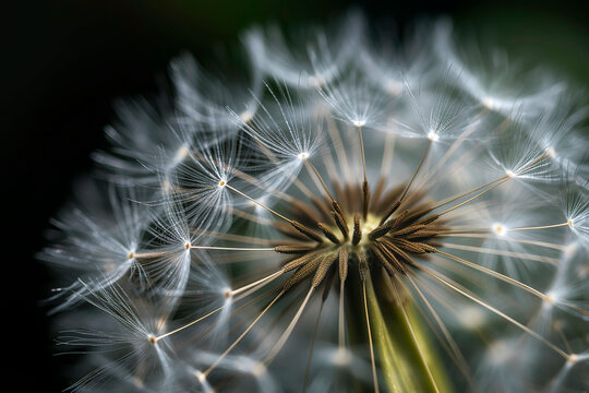 Close-up of a dandelion seed head, the intricate, delicate structure of the seeds poised to disperse on a gentle spring breeze. © Melipo-Art