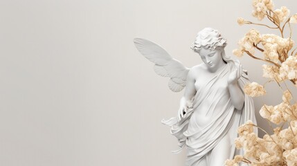 Exclusive white statue of angel holding golden flowers. Beautiful digital image. Art of sculpture. Generative AI. 