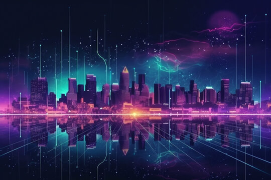 Futuristic city skyline with connected lines and dots, representing a city that is heavily focused on communication and connectivity. Ai generated © twindesigner