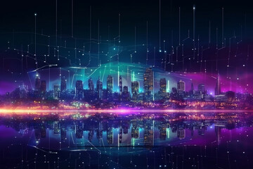 Fototapeta premium Futuristic city skyline with connected lines and dots, representing a city that is heavily focused on communication and connectivity. Ai generated