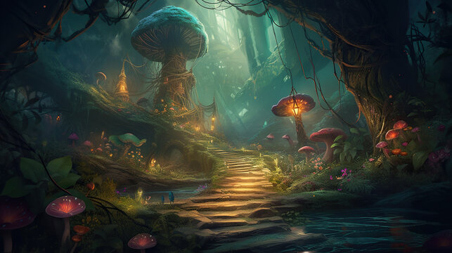 Mystical magic forest. Fantasy landscape. Generative AI