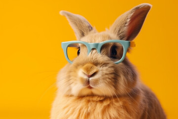 Obraz premium Cool rabbit wearing sunglasses and posing with a funny face against a vibrant and colorful backdrop, representing the humor and playfulness of the animal kingdom. Ai generated