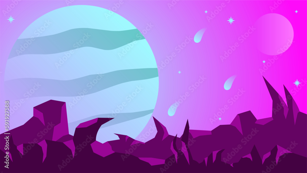 Wall mural science fiction landscape vector illustration. violet jupiter planet landscape background. purple ga