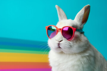 Fototapeta na wymiar Cool rabbit wearing sunglasses and posing with a funny face against a vibrant and colorful backdrop, representing the humor and playfulness of the animal kingdom. Ai generated