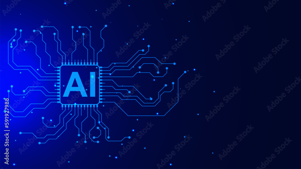 Poster microchip processor with electronic circuit board technology for artificial intelligence background.
