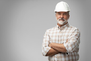 Portrait of happy mature architect in helmet standing with crossed arms. Male industrial inspector of 50s wearing uniform posing in studio