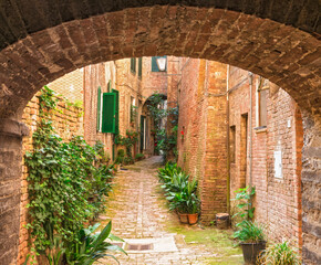 a narrow charming alley in Siena (vicolo degli Orefici)