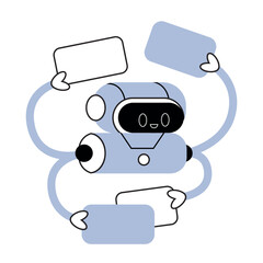 Robot with cute screen faces and cards or tablets. Futuristic smart assistants at work or education. AI technology. Human-like machines with artificial intelligence. Isolated flat vector illustration