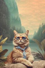 Seaside Serenity: Cat Portrait with Oceanic Backdrop in Summertime. AI illustration.