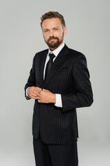 bearded businessman in formal wear adjusting blazer and looking at camera isolated on grey.